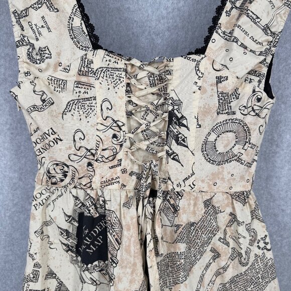Harry Potter Marauders Map Dress Size S Black Cream Corset Sweetheart Milkmaid - Picture 7 of 15
